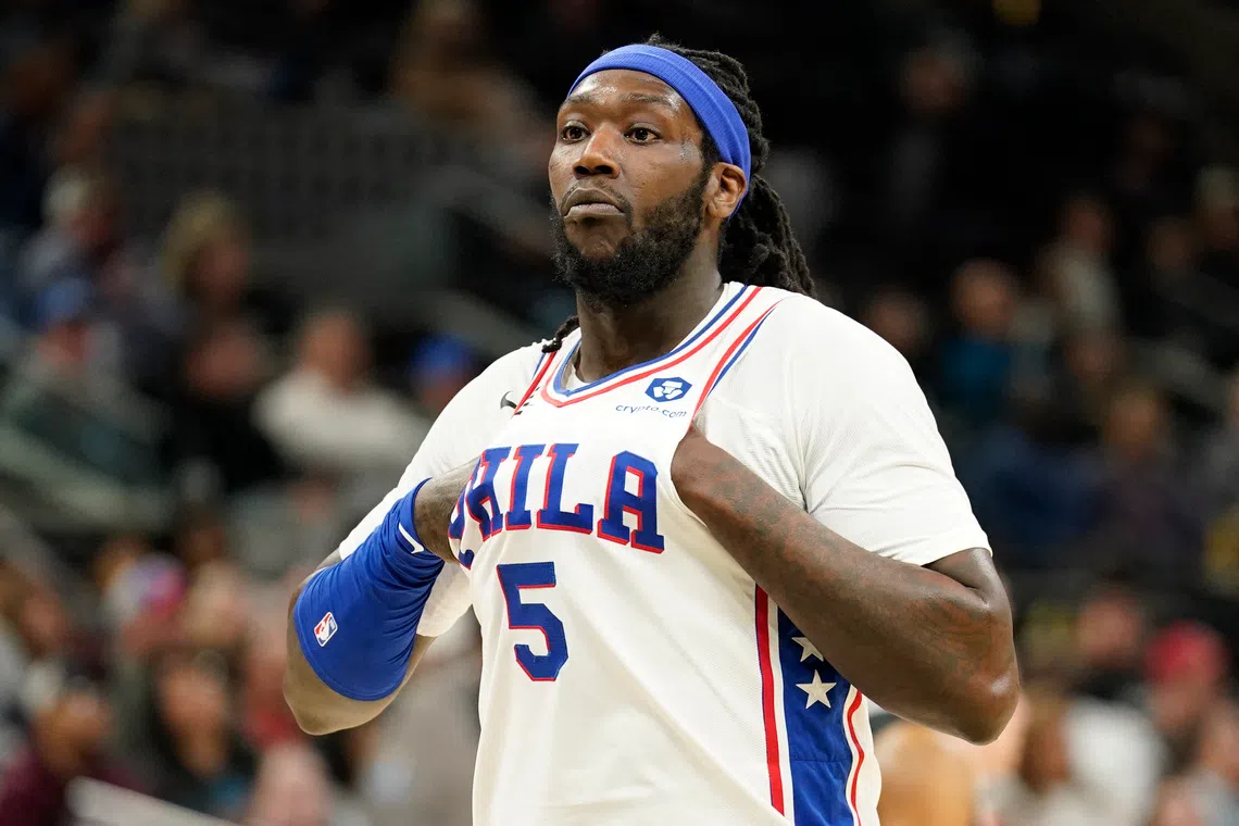 FILE PHOTO: Feb 3, 2023; San Antonio, Texas, USA; Philadelphia 76ers center Montrezl Harrell (5) holds his uniform during the first half against the San Antonio Spurs at AT&T Center. Mandatory Credit: Scott Wachter-USA TODAY Sports/File Photo