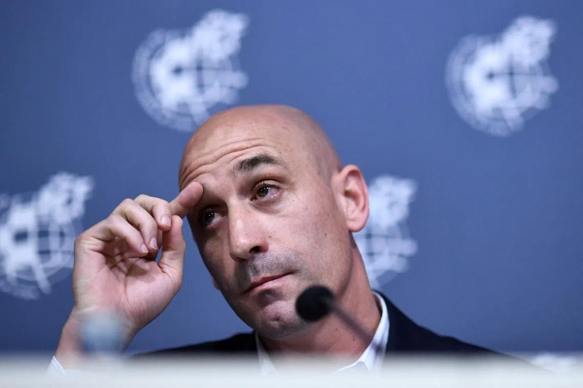 (FILES) Spanish Royal Football Federation (RFEF) president Luis Rubiales gives a press conference on July 19, 2019 at Las Rozas football sports city near Madrid, to announce that Luis Enrique steps down as Spain coach for personal reasons and will be replaced by assistant coach Robert Moreno. FIFA said on October 30, 2023 it had imposed a three-year ban on former Spanish football chief Luis Rubiales following his forced kiss on the lips of World Cup winner Jenni Hermoso. (Photo by OSCAR DEL POZO / AFP)