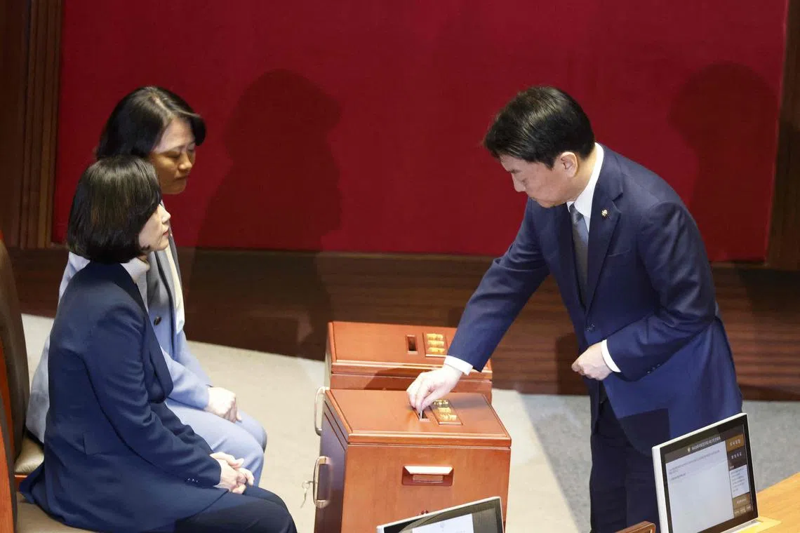 People Power Party (PPP) lawmaker Ahn Cheol-soo casts his vote on the impeachment motion at the National Assembly in Seoul on Dec 7.