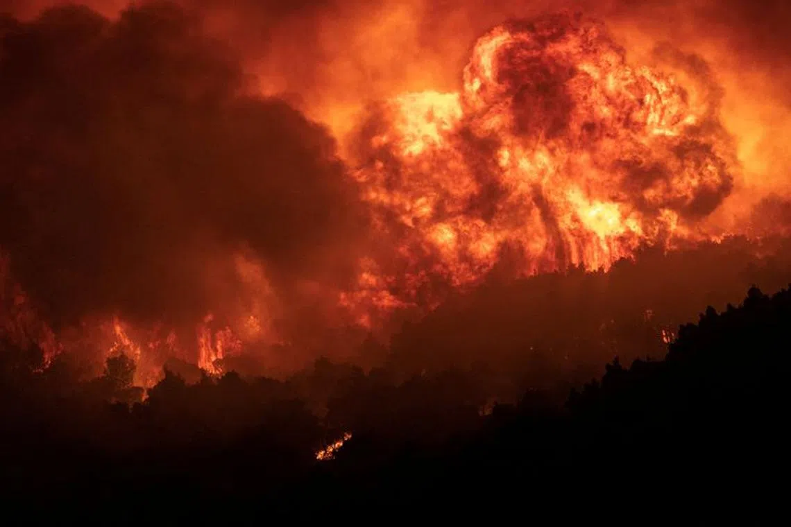 FILE PHOTO: Flames rise as a wildfire burns on Mount Parnitha, in Athens, Greece, August 24, 2023. REUTERS/Nicolas Economou/File Photo