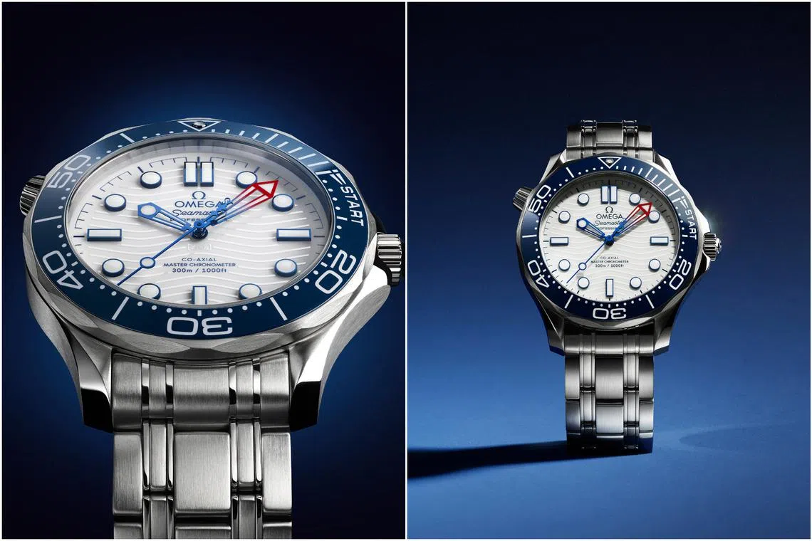 The Omega Seamaster Diver 300M America’s Cup has a blue ceramic unidirectional bezel with a regatta scale, including a Start section inspired by sailing flags.