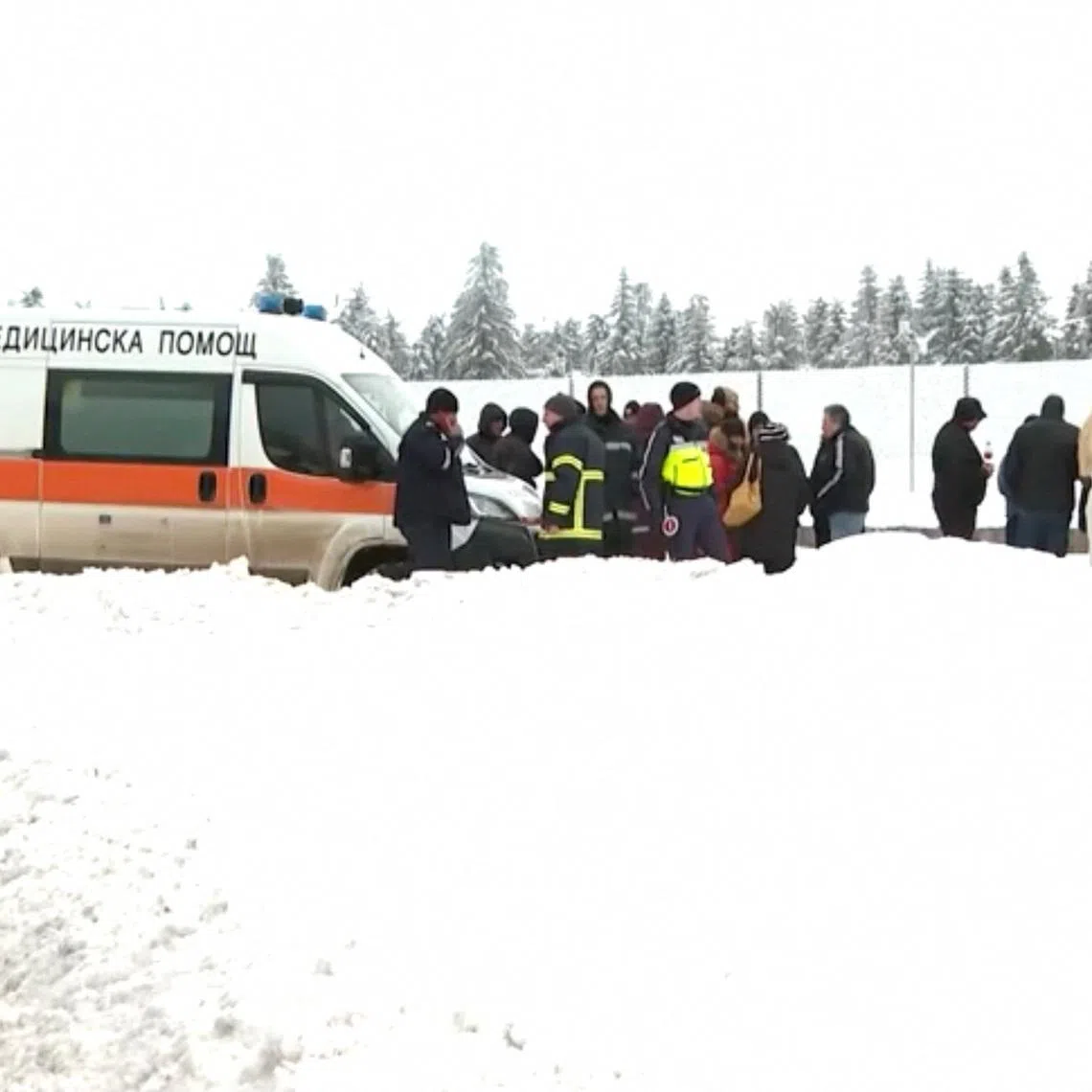 Emergency services work near Petrohan mountain, the scene where people were found dead, near the village of Gintsi, Bulgaria, February 2026, in this screen grab taken from a video. NOVA TV/Handout via REUTERS