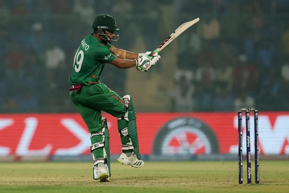 FILE PHOTO: Cricket - ICC Cricket World Cup 2023 - Bangladesh v Sri Lanka - Arun Jaitley Stadium, New Delhi, India - November 6, 2023 Bangladesh's Najmul Hossain Shanto in action REUTERS/Anushree Fadnavis/File Photo