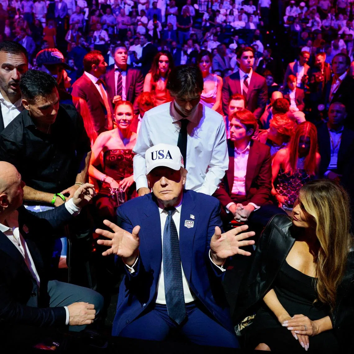 U.S. President Donald Trump gestures as he attends UFC Freedom 250 on the South Lawn of the White House in Washington, D.C., U.S., June 15, 2026. REUTERS/Evan Vucci