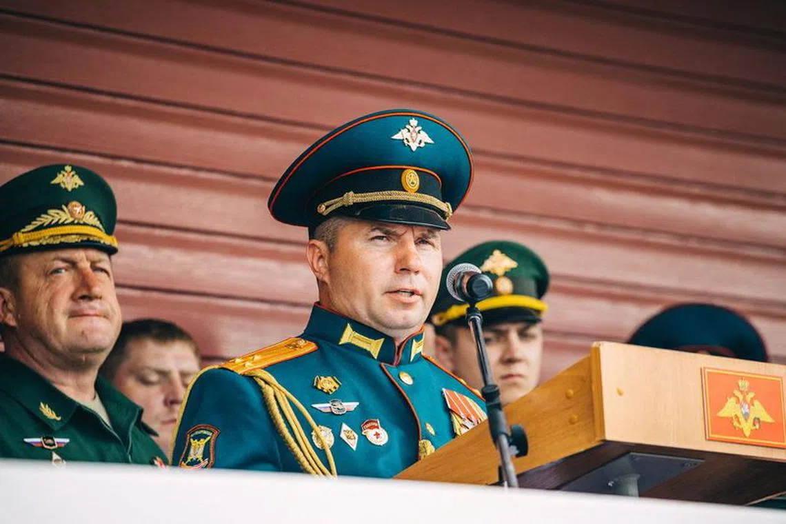 Commander of Russia's Kantemirovskaya Tank Division Vladimir Zavadsky delivers a speech during a ceremony marking the anniversary of the unit's foundation in Naro-Fominsk in the Moscow region, Russia, June 28, 2020. Russian Defence Ministry/Handout via REUTERS