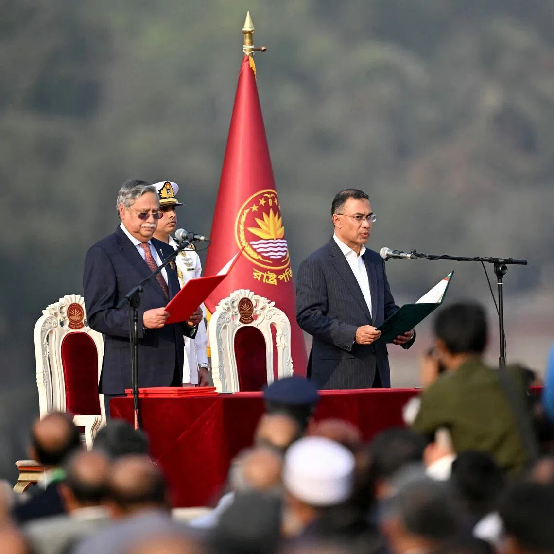 BNP leader Tarique Rahman (right) taking the oath of office as prime minister at a ceremony in Dhaka on Feb 17, 2026.