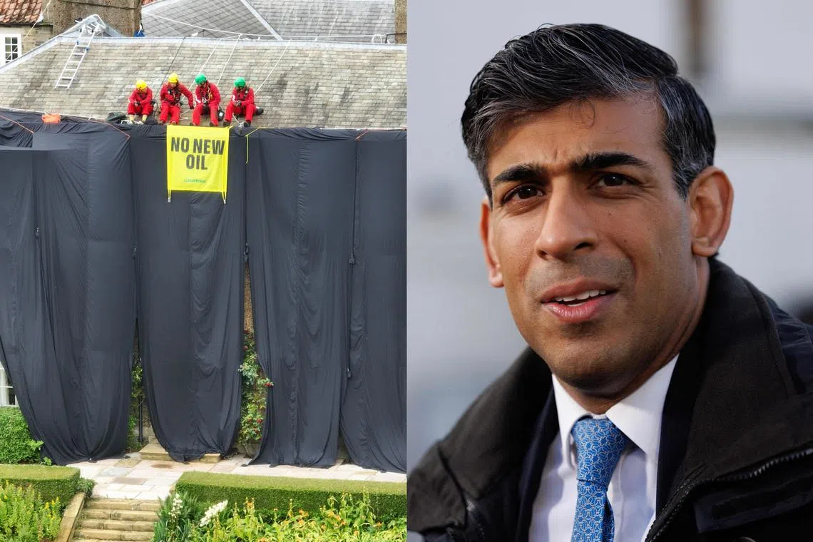 Protesters draped huge sheets of black fabric over Sunak’s residence in Yorkshire, northern England, while he was out of the country.
