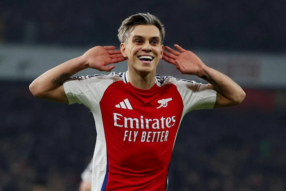 Arsenal's Leandro Trossard celebrates scoring their second goal Action Images via Reuters/Paul Childs EDITORIAL USE ONLY. NO USE WITH UNAUTHORIZED AUDIO, VIDEO, DATA, FIXTURE LISTS, CLUB/LEAGUE LOGOS OR 'LIVE' SERVICES. ONLINE IN-MATCH USE LIMITED TO 120 IMAGES, NO VIDEO EMULATION. NO USE IN BETTING, GAMES OR SINGLE CLUB/LEAGUE/PLAYER PUBLICATIONS. PLEASE CONTACT YOUR ACCOUNT REPRESENTATIVE FOR FURTHER DETAILS..     TPX IMAGES OF THE DAY     