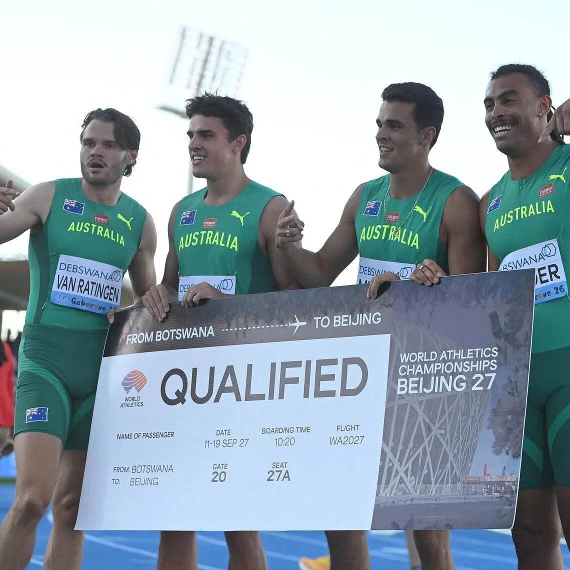 (From left) Australia's Luke van Ratingen, Matthew Hunt, Aidan Murphy and Reece Holder celebrate qualifying for the World Athletics Championships after the men's 4x400m relay qualifying round 1 during the Gaborone 26 World Athletics Relays at the National Stadium in Gaborone on May 2, 2026.