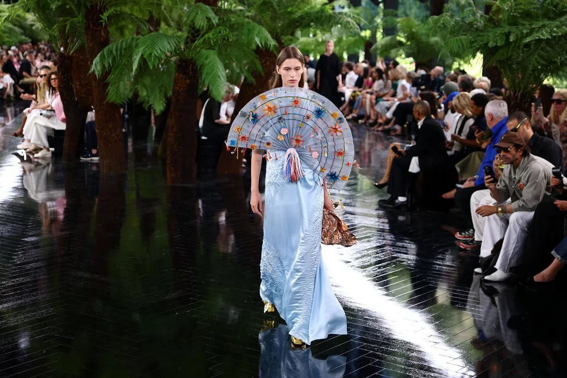 A model presenting a creation by designer Jonathan Anderson as part of his Haute Couture Fall/Winter 2026-2027 collection show for Christian Dior in Paris on July 6.