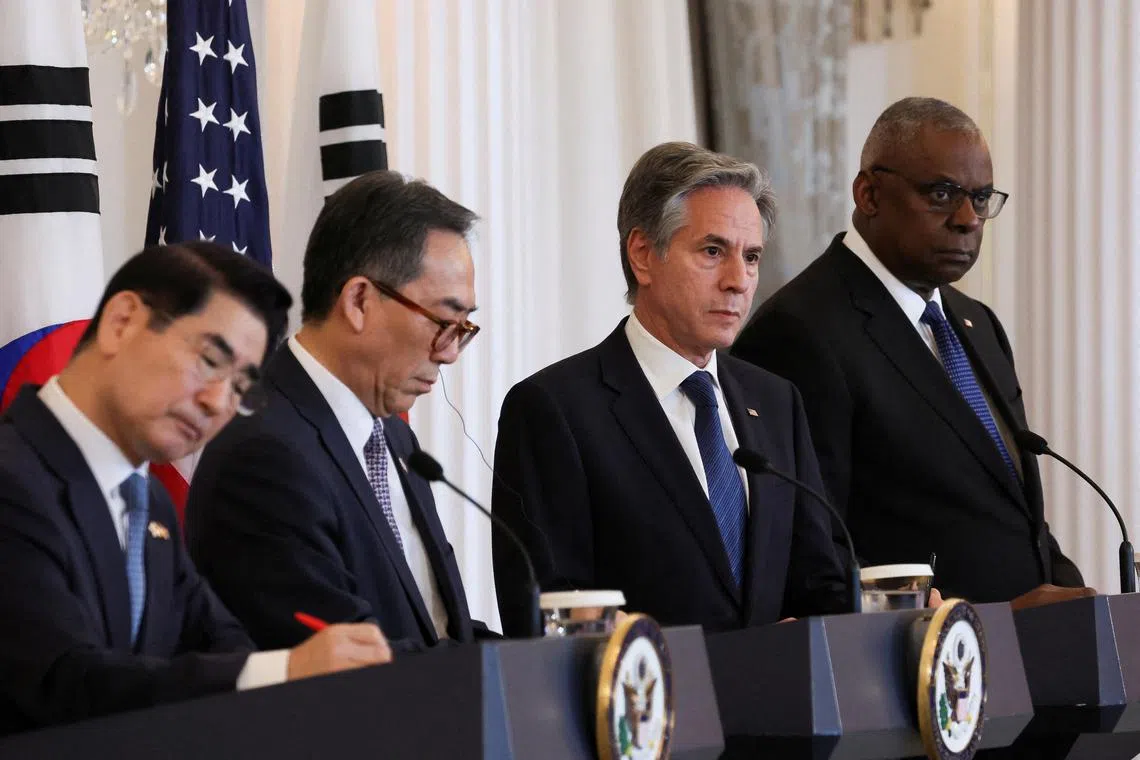 U.S. Secretary of State Antony Blinken and Defense Secretary Lloyd Austin hold a joint press conference with South Korean Foreign Minister Cho Tae-yul and Defense Minister Kim Yong-hyun during a 2+2 meeting, at the State Department in Washington, U.S., October 31, 2024. REUTERS/Leah Millis