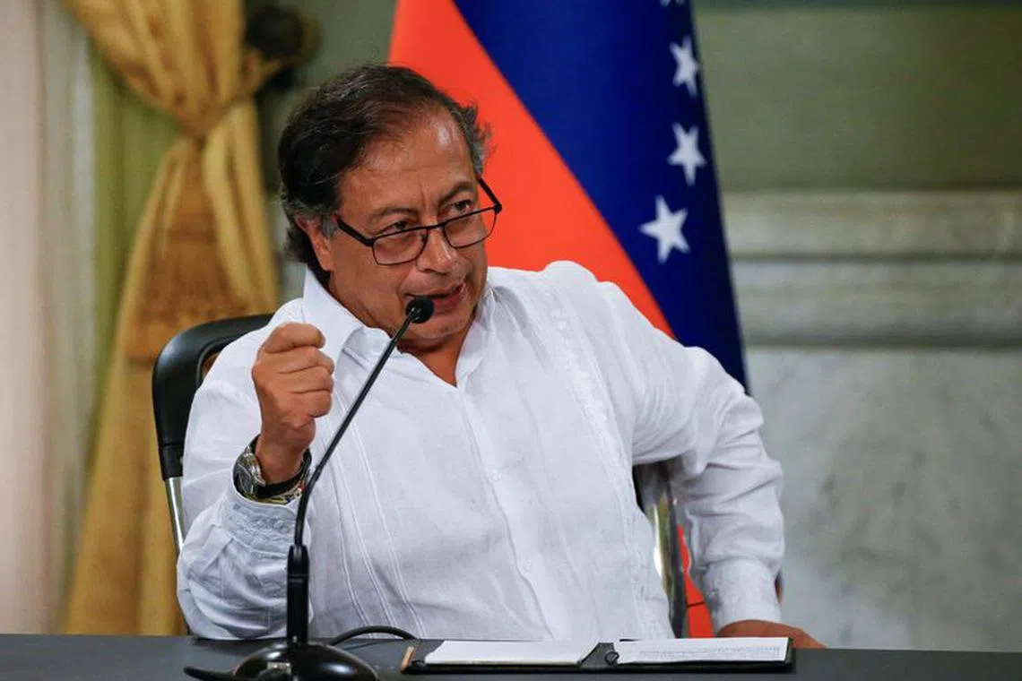 FILE PHOTO: Colombia's President Gustavo Petro speaks during a meeting with Venezuela's President Nicolas Maduro at the Miraflores Palace in Caracas, Venezuela November 18, 2023. REUTERS/Leonardo Fernandez Viloria/File Photo