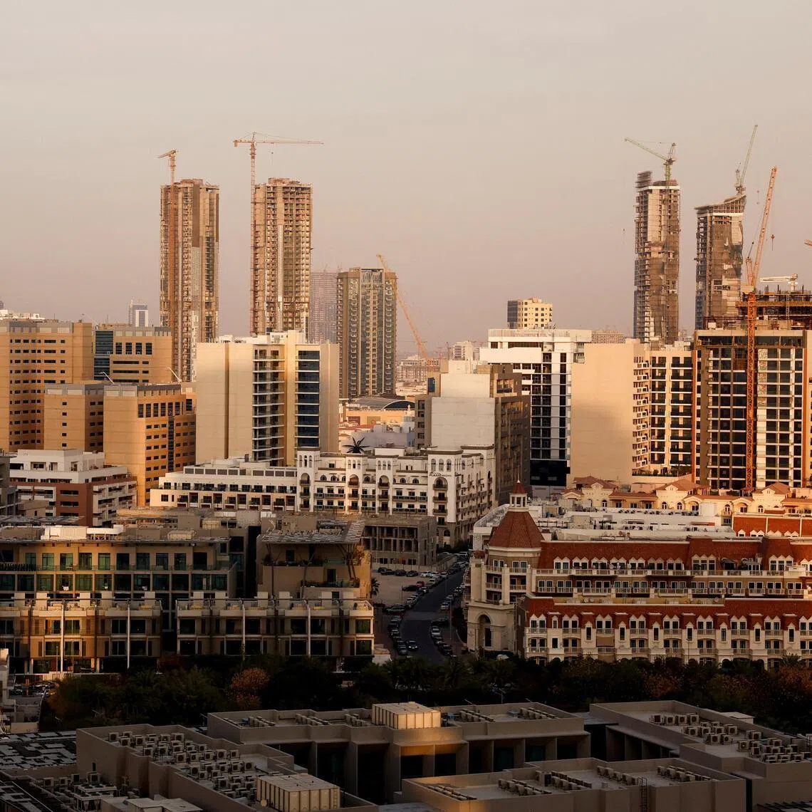 A general view of buildings and and construction cranes in Dubai, United Arab Emirates on March 7, 2026.