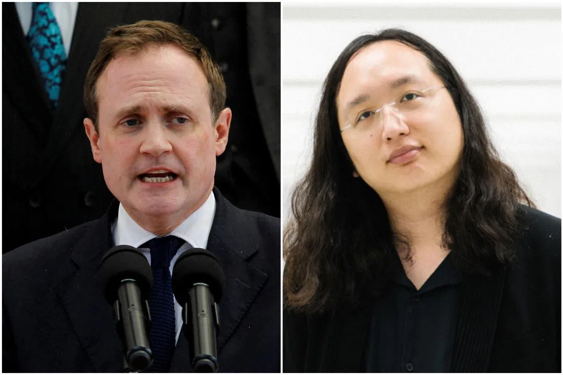 Britain’s security minister Tom Tugendhat (left) met Taiwan’s digital minister Audrey Tang on Wednesday.