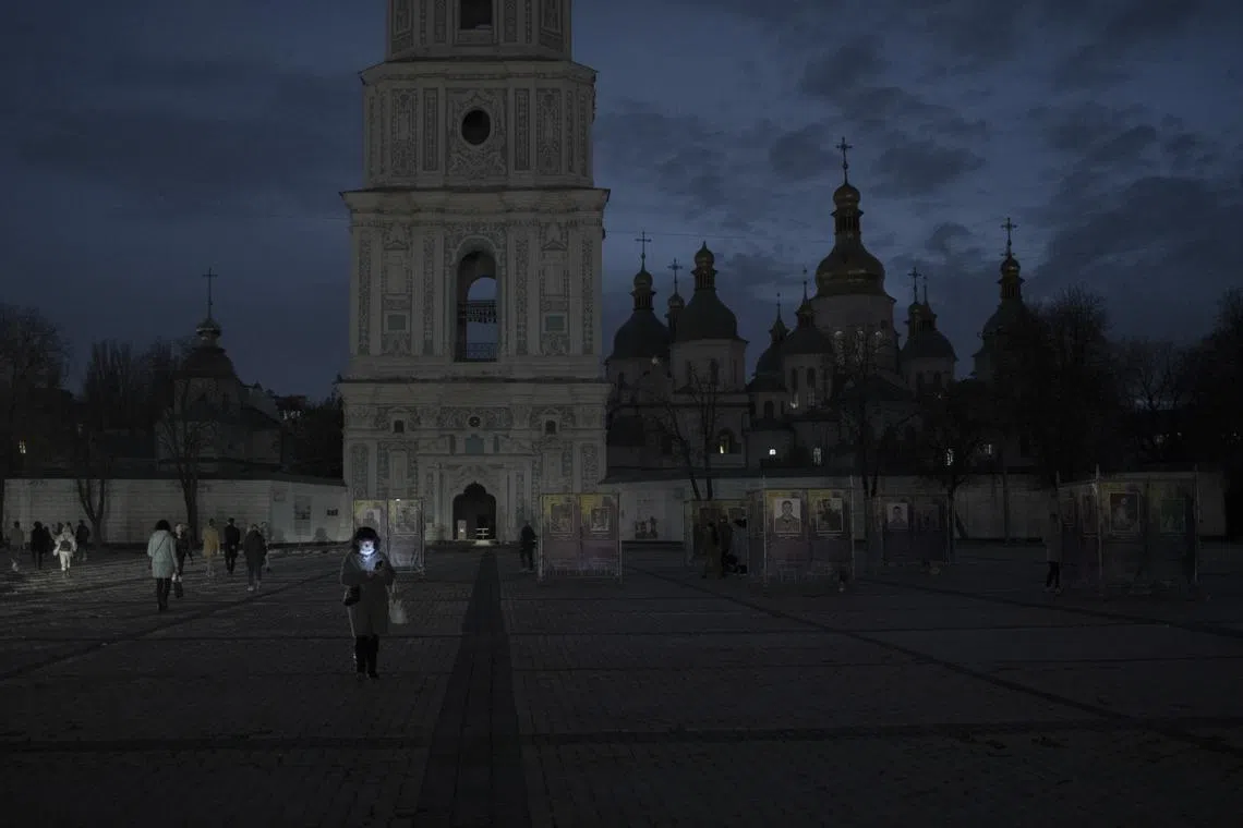 St. Sophia’s Cathedral, covered in darkness due to Russian strikes, in Kyiv, on Nov 2, 2022.