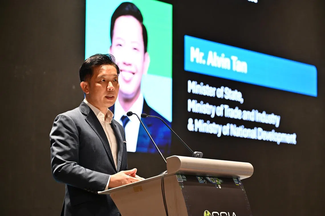 Minister of State for Trade and Industry Alvin Tan speaking at the Semiconductor Business Connect 2026 event on April 16.