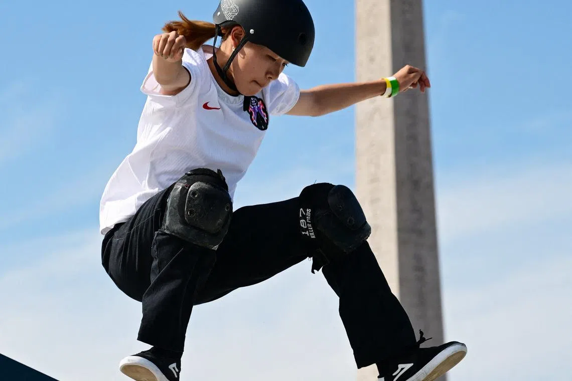 Paris 2024 Olympics - Skateboarding - Women's Street Final - La Concorde 3, Paris, France - July 28, 2024. Coco Yoshizawa of Japan in action during the final. REUTERS/Angelika Warmuth