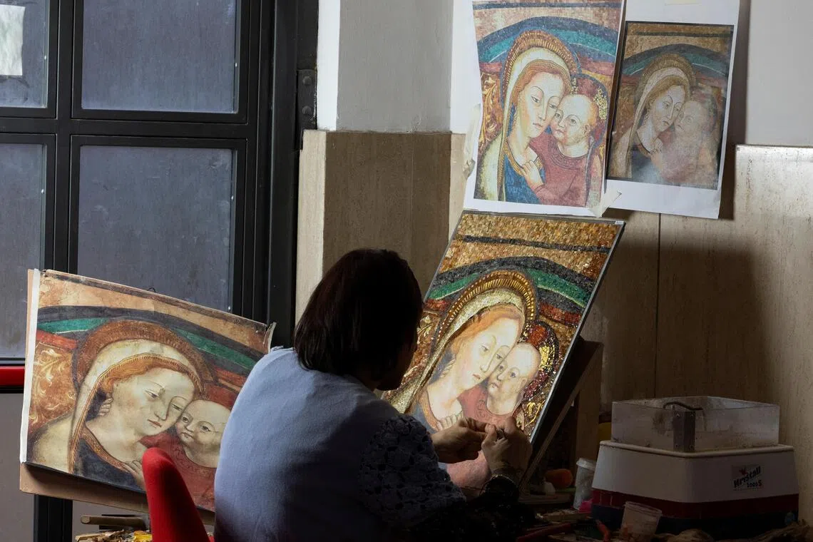 It takes months for the studio to create one mosaic in a slow and intensive process piecing together tiny coloured tiles into devotional items.