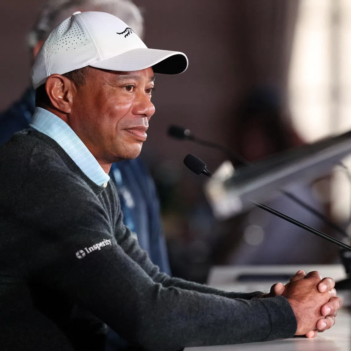 Feb 17, 2026; Pacific Palisades, CA, USA;  Genesis Invitational tournament host Tiger Woods speaks to the media during a press conference at Riviera Country Club. Kiyoshi Mio-Imagn Images