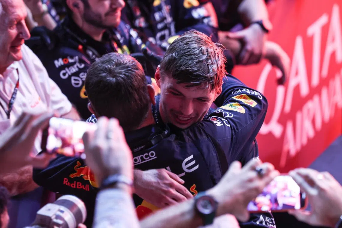 epa10908208 Dutch Formula One driver Max Verstappen of Red Bull Racing celebrates winning the Formula 1 Qatar Grand Prix in Lusail, Qatar, 08 October 2023.  EPA-EFE/ALI HAIDER