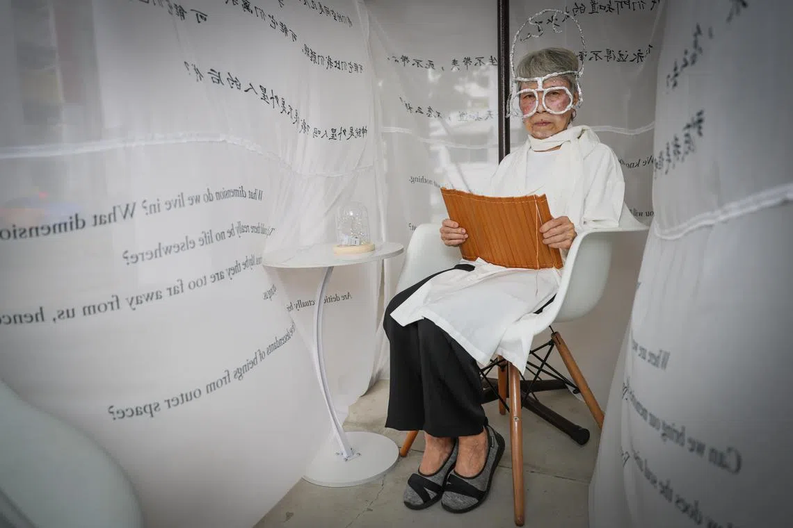 Mdm Lim Soh Joo, 77, will play cosmic philosopher at her installation Who Can Tell Me? at the void deck of Yishun Blk 765 Nee Soon Central as part of Both Sides, Now: Tides. 
