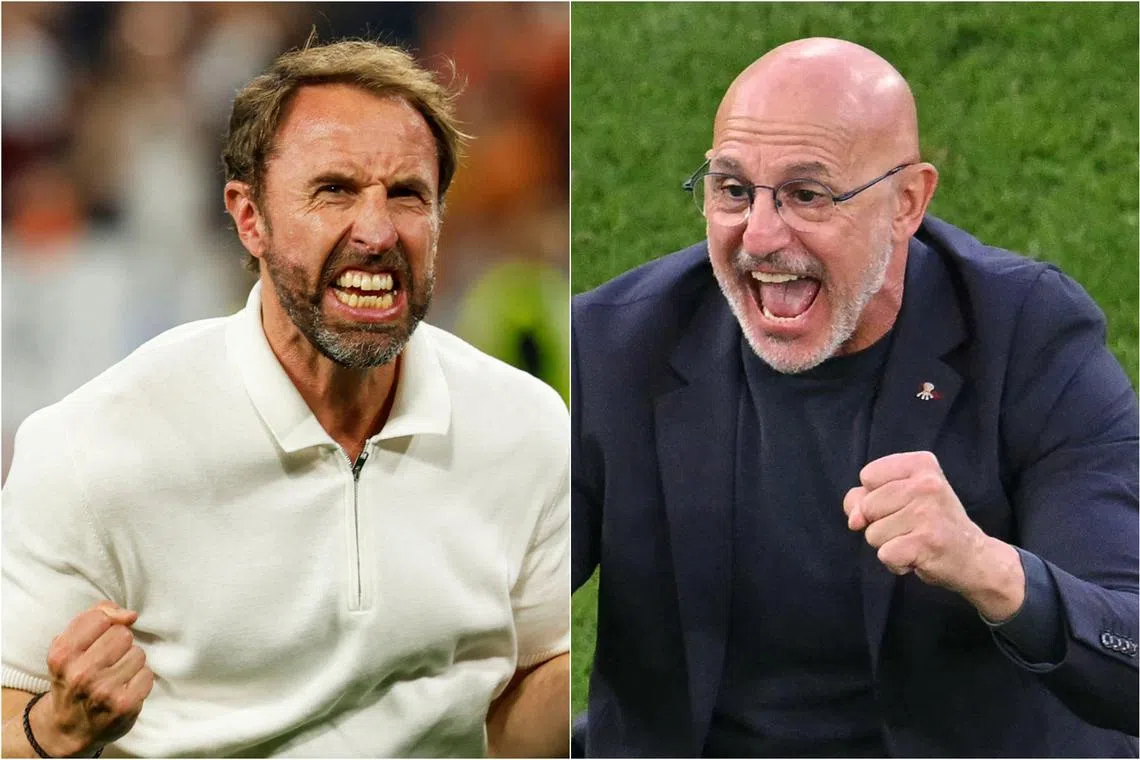 England manager Gareth Southgate (left) and Spain coach Luis de la Fuente. Their teams meet in the Euro 2024 final on July 14.