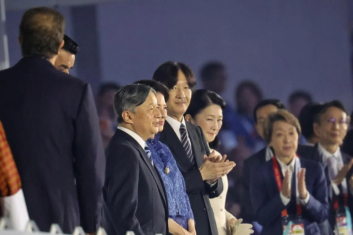 (From left) Emperor Naruhito and Empress Masako, and Crown Prince Fumihito and Crown Princess Akishino arriving at the opening ceremony of the Aichi-Nagoya 2026 Asian Games at the Paloma Mizuho Stadium in Nagoya, Japan on Sept 19, 2026. ST PHOTO: KEVIN LIM pixag19