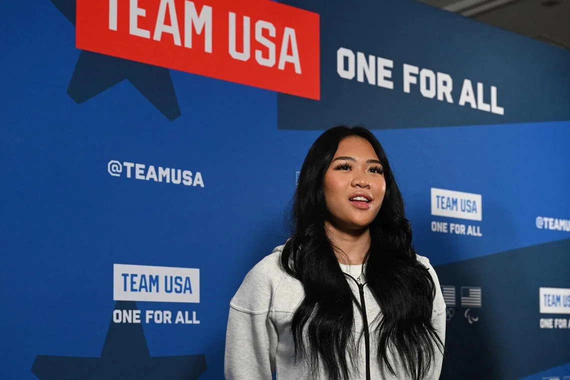 US gymnast Sunisa Lee speaks to the press during the Team USA media summit in New York City on April 15, 2024.