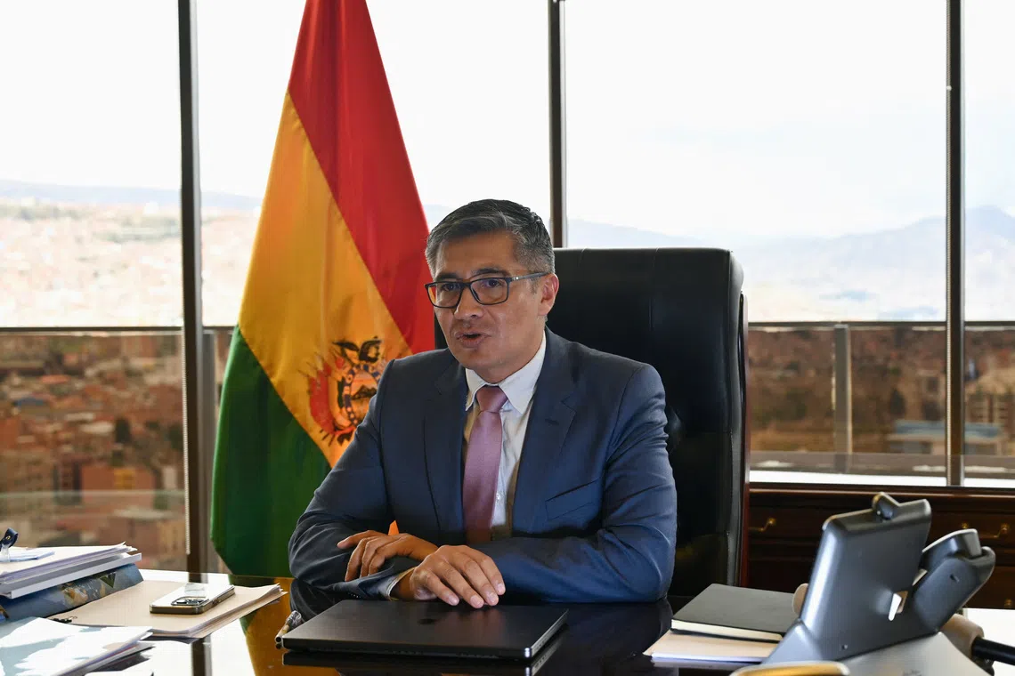 Minister of Economy Jose Gabriel Espinoza speaks during an interview with Reuters, in La Paz, Bolivia, November 24, 2025. REUTERS/Claudia Morales