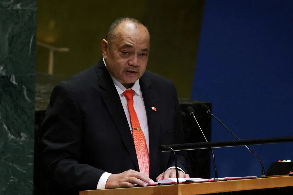 FILE PHOTO: Tonga's Prime Minister Siaosi 'Ofakivahafolau Sovaleni addresses the 79th United Nations General Assembly at U.N. headquarters in New York, U.S., Sept. 27, 2024. REUTERS/Kent J. Edwards/File Photo