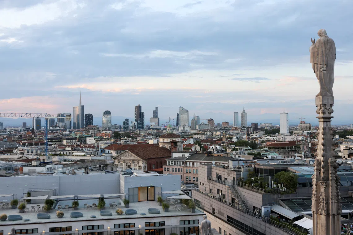 A view shows Milan's skyline during sunset in Milan, Italy, July 6, 2023. REUTERS/Claudia Greco