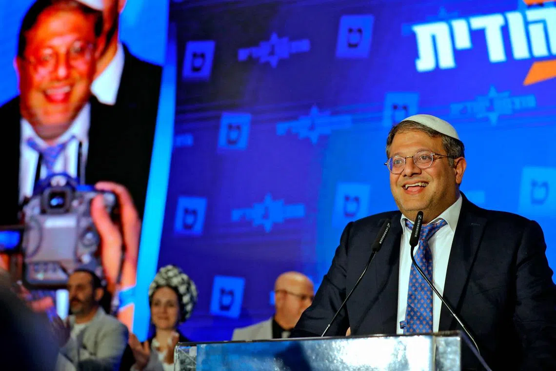 Mr Itamar Ben-Gvir, leader of Israel's Jewish Power far-right party, addresses supporters at campaign headquarters in Jerusalem on Nov 2, 2022, after the end of voting for national elections.