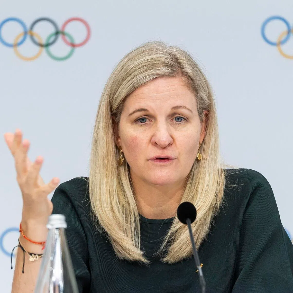 International Olympic Committee president Kirsty Coventry speaking during a press conference in Lausanne, Switzerland, on June 24.