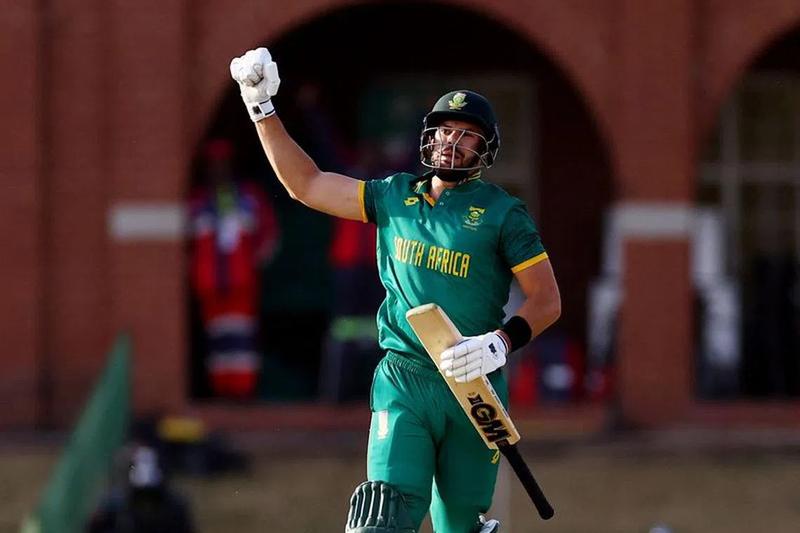 Cricket - Third ODI - South Africa vs Australia - Senwes Park, Potchefstroom, South Africa - September 12, 2023 South Africa's Aiden Markram celebrates after reaching his century REUTERS/Siphiwe Sibeko
