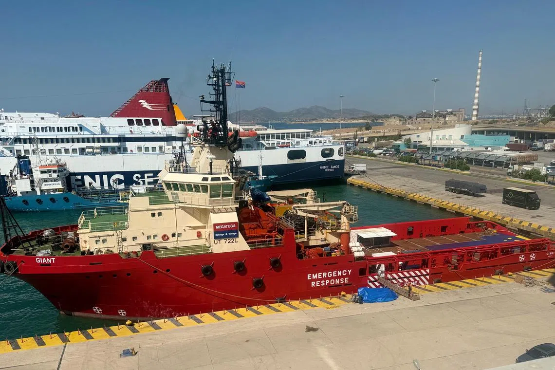 Salvage vessel \"Giant\" is moored at the port of Piraeus, before sailing to the Red Sea to assist in maritime accidents and global shipping and protect seafarers, following the Houthi attacks revival, in Piraeus, Greece, July 24, 2025. Greek Shipping Ministry/Handout via REUTERS