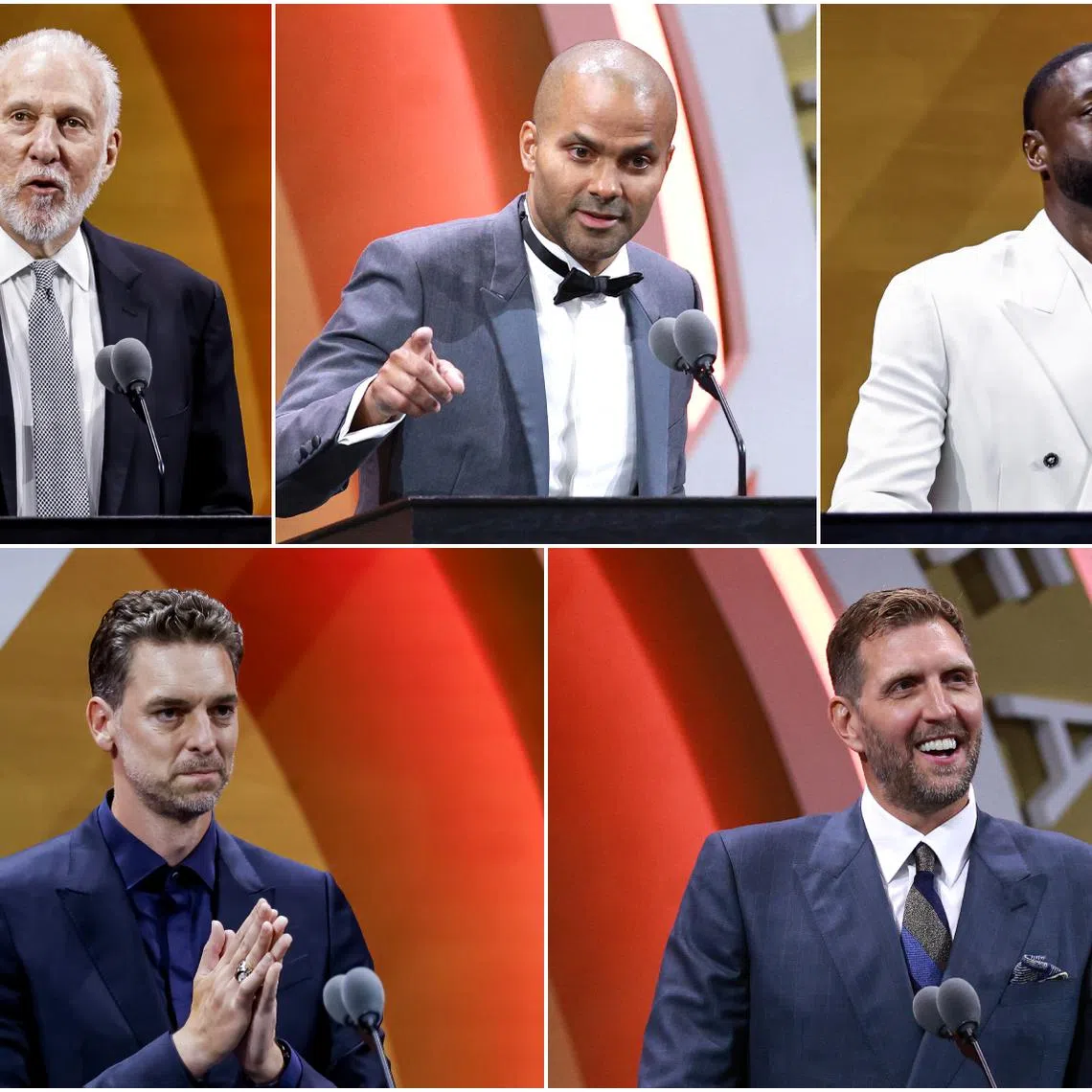 (Clockwise from top left) Gregg Popovich, Tony Parker, Dwyane Wade, Pau Gasol and Dirk Nowitzki during the 2023 Naismith Basketball Hall of Fame Induction on Aug 12.