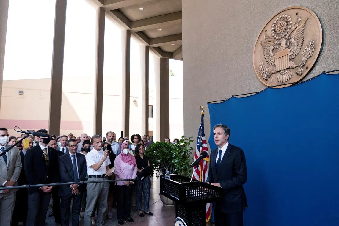 FILE PHOTO: U.S. Secretary of State Antony Blinken speaks as he greets staff members of the U.S. Embassy to Egypt, in Cairo, Egypt May 26, 2021. Alex Brandon/Pool via REUTERS/File Photo
