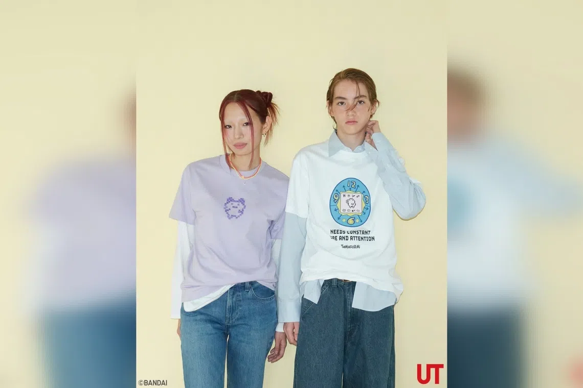 Models sporting two of the Uniqlo Tamagotchi T-shirts to be launched on Dec 15.