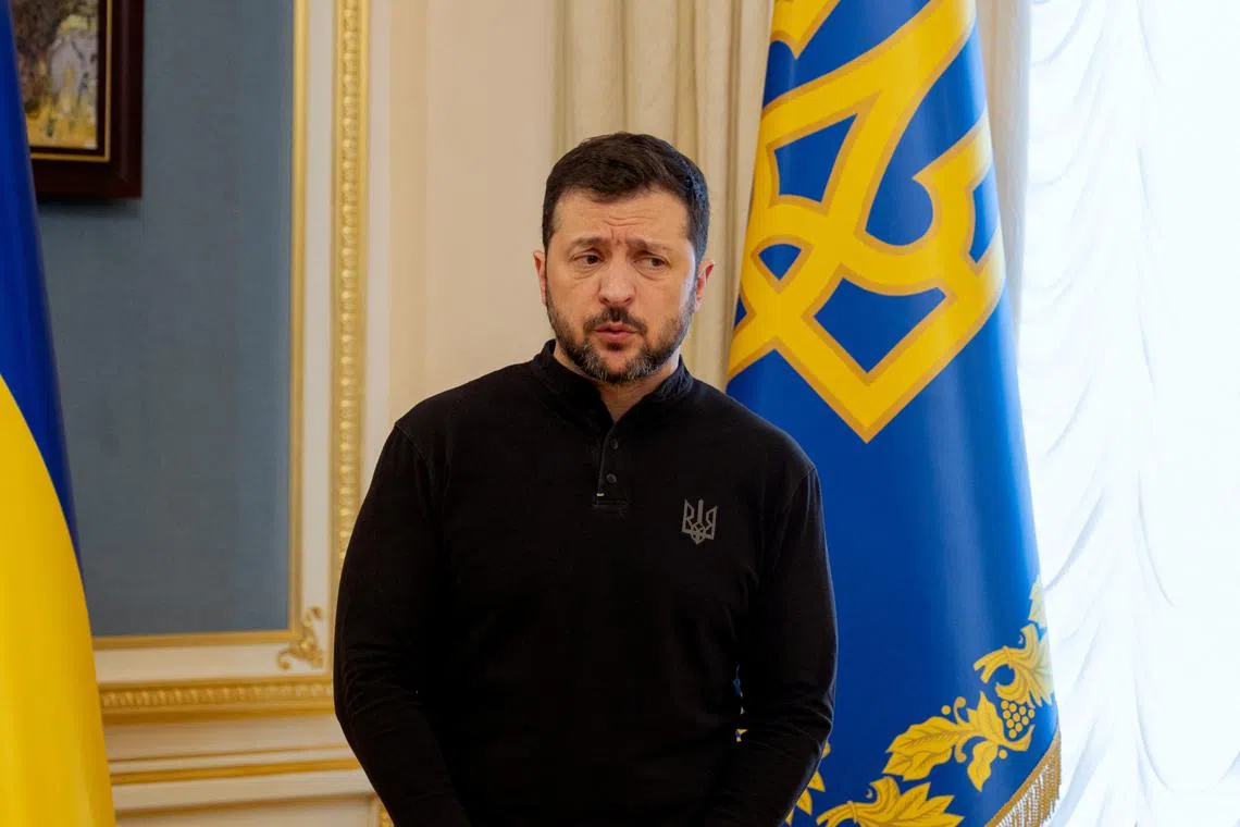 Ukraine's President Volodymyr Zelenskiy gives a press conference in Kyiv, Ukraine, on February 19, 2025, amid the Russian attack on Ukraine. Tetiana Dzhafarova/Pool via REUTERS