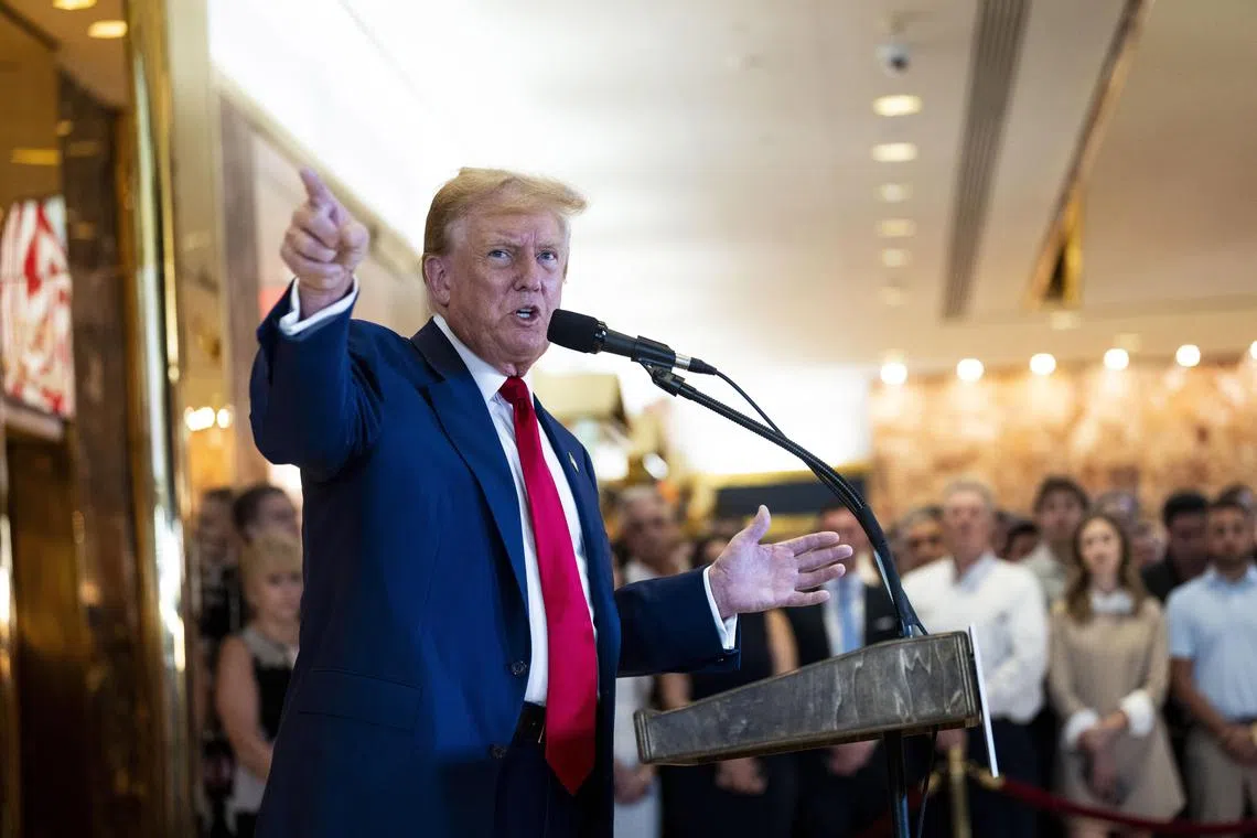 Former president Donald Trump speaking to reporters at Trump Tower in Manhattan on May 31, 2024. 