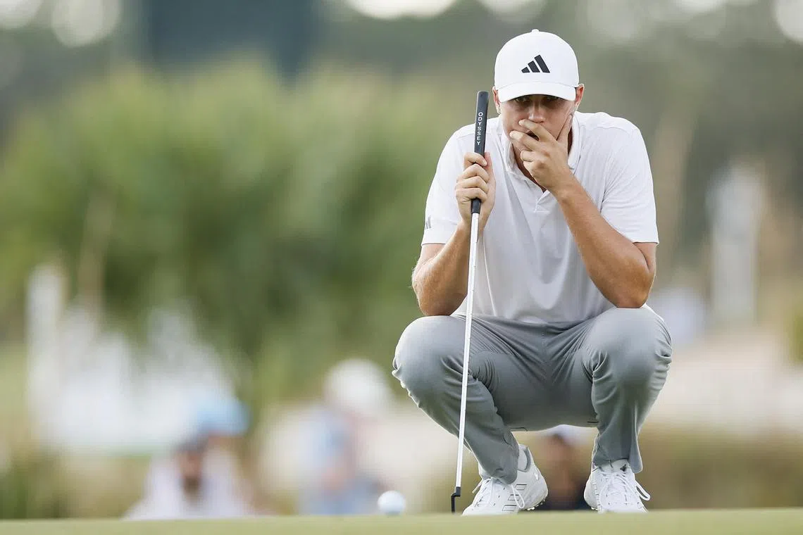 Ludvig Aberg of Sweden lining up a putt on the 16th green during the third round of The RSM Classic on the Seaside Course at Sea Island Resort on Nov 18, 2023 in St Simons Island, Georgia. 