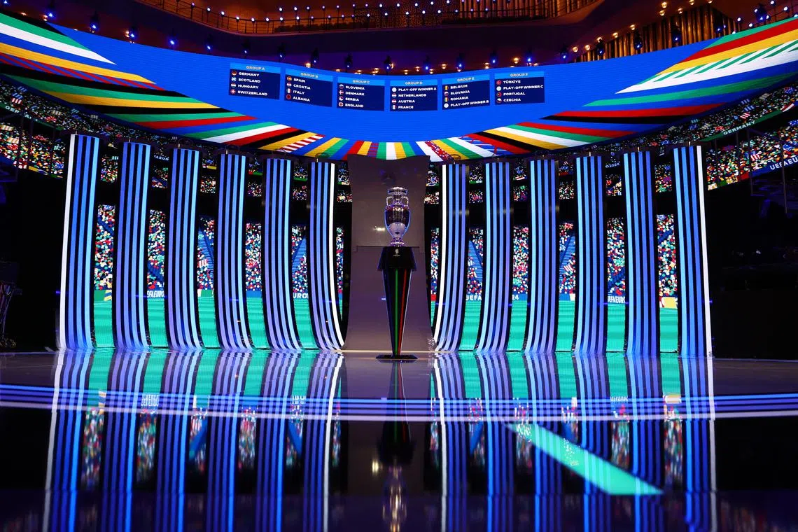 FILE PHOTO: Soccer Football - UEFA Euro 2024 Final Draw - Elbphilharmonie Hamburg, Hamburg, Germany - December 2, 2023 General view of the groups as trophy is displayed during the draw REUTERS/Kai Pfaffenbach/File Photo