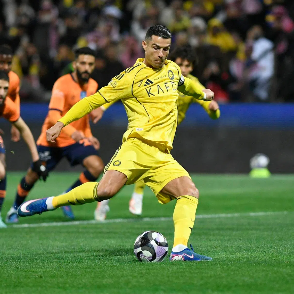 Soccer Football - Saudi Pro League - Al Fayha v Al Nassr - Al-Majma'ah Sports City Stadium, Al Majma'ah, Saudi Arabia - February 28, 2026 Al Nassr's Cristiano Ronaldo fails to score from the penalty spot. REUTERS/Stringer