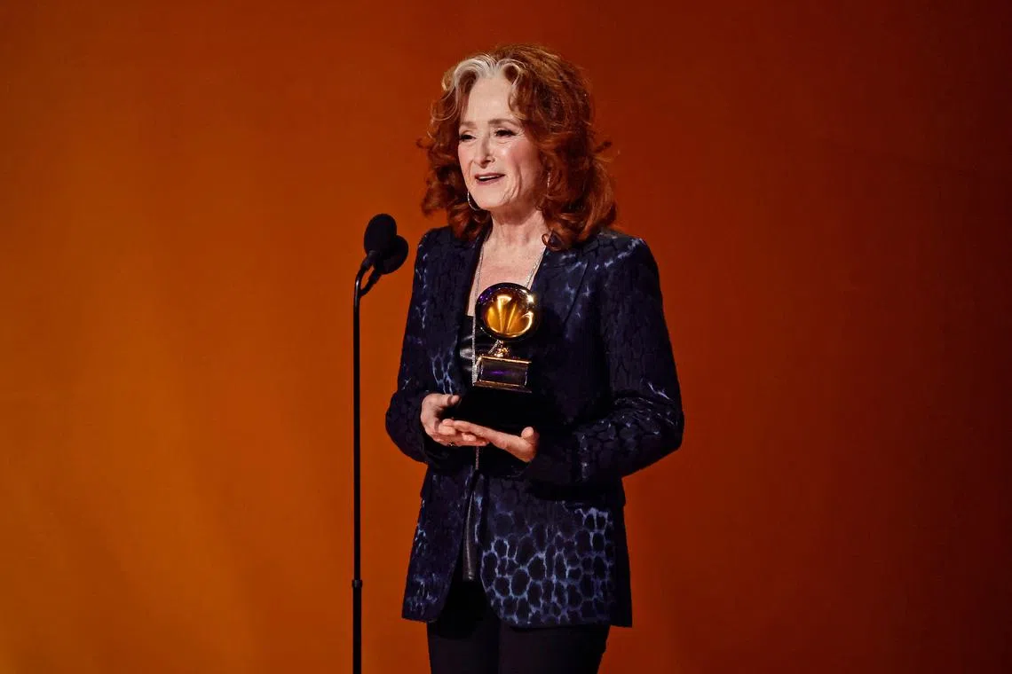 Bonnie Raitt accepts the Song of the Year award for Just Like That during the 65th GRAMMY Awards on Feb 5, 2023.