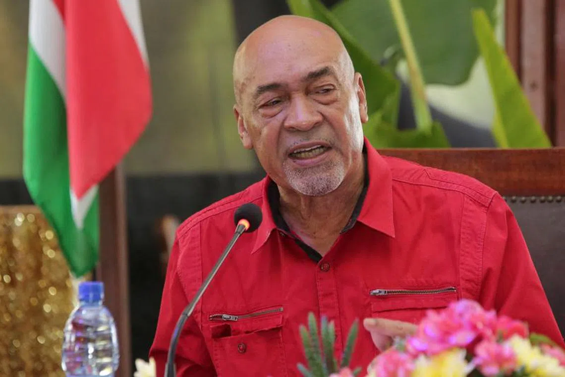 FILE PHOTO: Former Suriname president Desi Bouterse speaks during a news conference after the Court Martial of Suriname confirmed a 20-year jail sentence for his involvement in the murder of 15 people while he ruled in 1982 during his military government, in Paramaribo, Suriname August 31, 2021. REUTERS/Ranu Abhelakh/File Photo
