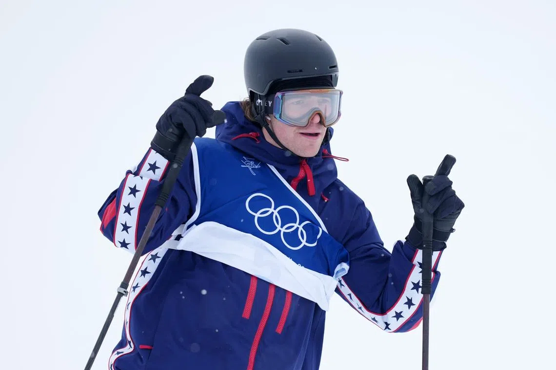 Feb 20, 2026; Livigno, Italy; Hunter Hess of the United States during men's skiing halfpipe qualification during the Milano Cortina 2026 Olympic Winter Games at Livigno Snow Park. Mandatory Credit: Nathan Ray Seebeck-Imagn Images