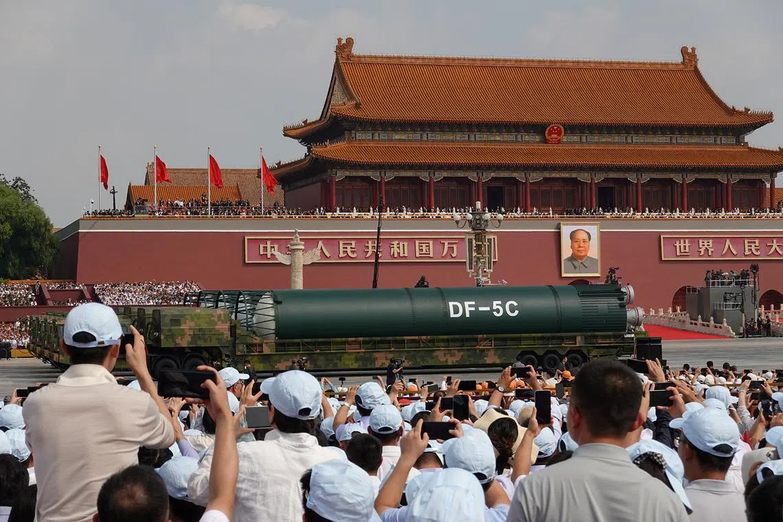 DF-5C liquid-fueled intercontinental strategic nuclear missile are displayed during a military parade marking the 80th anniversary of victory over Japan and the end of World War II, in Beijing’s Tiananmen Square, China, on Sept 3, 2025. 