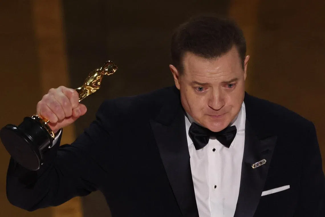 Brendan Fraser accepts the Oscar for Best Actor for The Whale during the Oscars show at the 95th Academy Awards in Hollywood, Los Angeles on March 12, 2023. 
