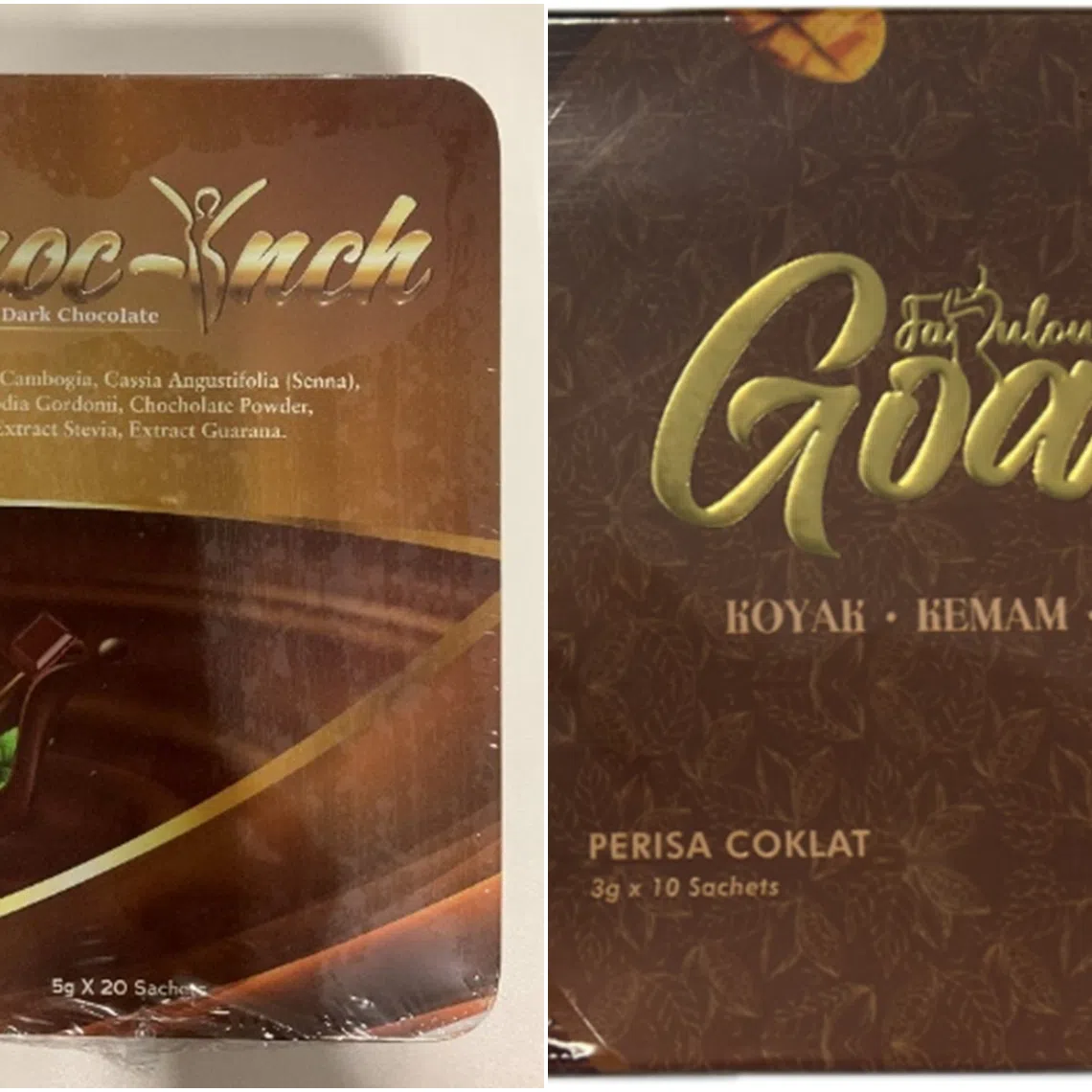 Sibutramine, a weight-loss medicine banned in Singapore since 2010, was detected in “Choc-Inch (Prime Dark Chocolate)” (left) and “Fabulous Goals”.