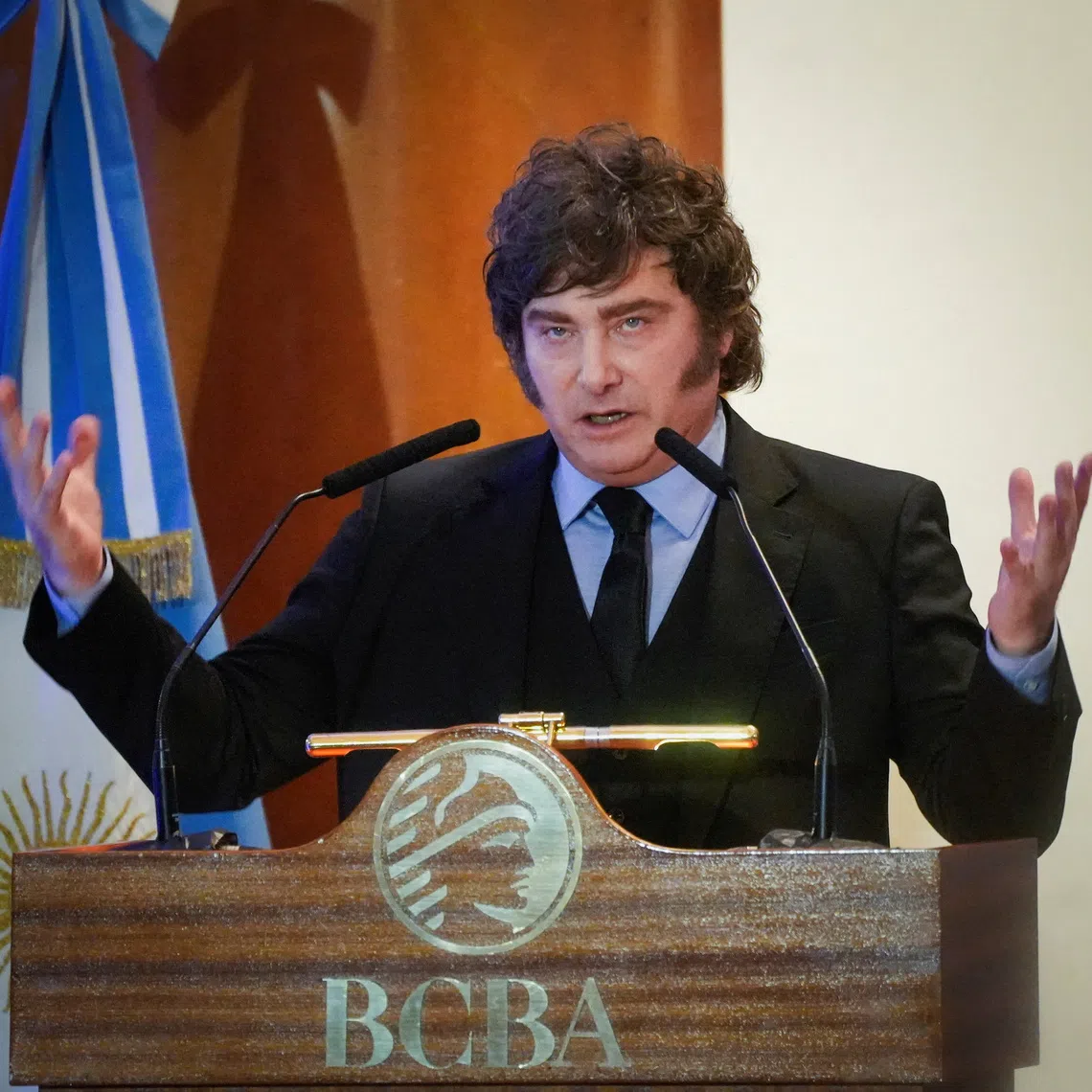 Argentine President Javier Milei gestures as he speaks during a ceremony commemorating the 172nd anniversary of the Buenos Aires Stock Exchange in Buenos Aires, Argentina, July 16, 2026. REUTERS/Mariana Nedelcu